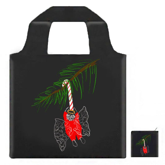 This tote bag has an angel who's determined to steal that candy cane. Santa won't like that!